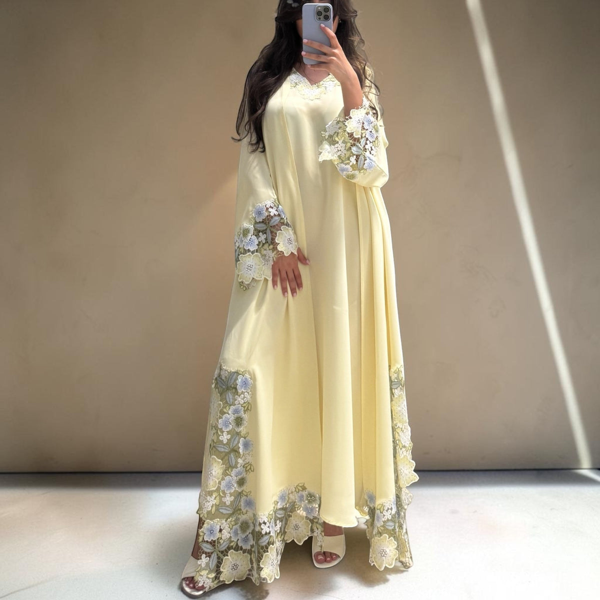ABAYAS yellow Nida abaya with floral lace on sleeves and hem, open front, matching inner dress.